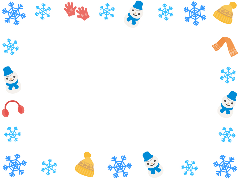 雪の結晶と冬の小物 雪だるまの囲みフレーム飾り枠イラスト 無料イラスト かわいいフリー素材集 フレームぽけっと