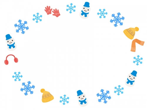 雪の結晶と冬の小物 雪だるまの楕円フレーム飾り枠イラスト 無料