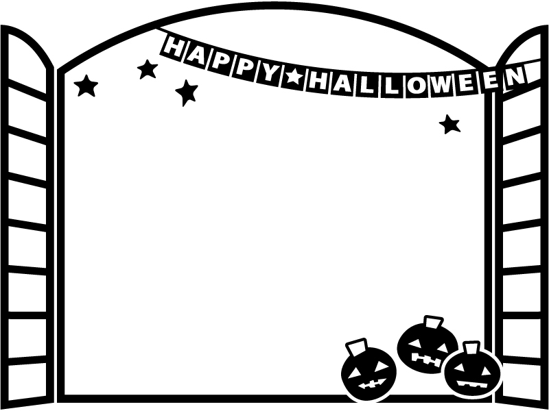 ハロウィン フラッグガーランドと窓とかぼちゃの白黒フレーム飾り枠イラスト 無料イラスト かわいいフリー素材集 フレームぽけっと