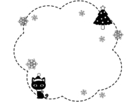 黒猫とクリスマスツリーの白黒もこもこフレーム飾り枠イラスト