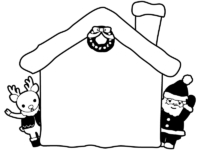 サンタと家の形の白黒クリスマスフレーム飾り枠イラスト